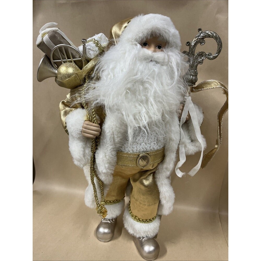 18" Gold Silver‎ White Standing Santa Claus w/ Gift Figure Statue Tabletop Xmas